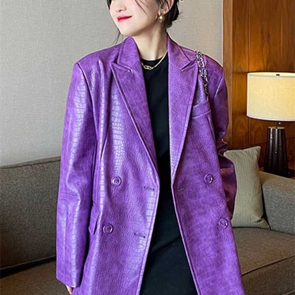 

lautaro autumn oversized shiny purple pattern faux leather blazer women long sleeve double breasted y2k jacket fashion 211007, Black