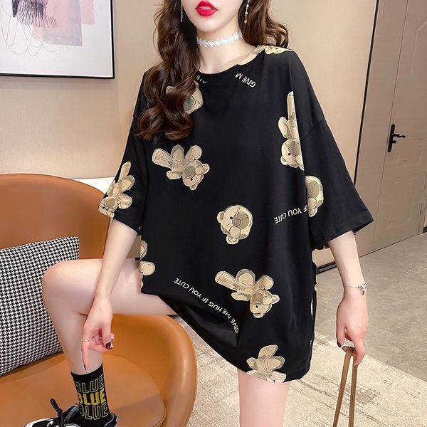 

t-shirt new summer korean mid long bear short sleeve t-shirt for girls, White