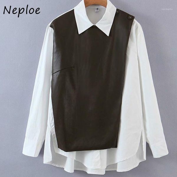 

women's blouses & shirts neploe japan style fake two piece design women blouse 2021 spring autumn faux leather pu chic belt femme blusa, White