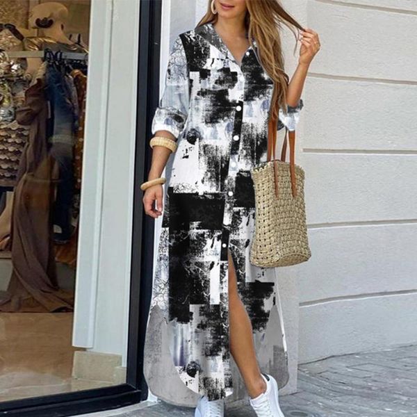 

women elegant print buttoned slit shirt dress autumn lapel neck maxi party casual loose long sleeve beach dresses vestidos, Black;gray