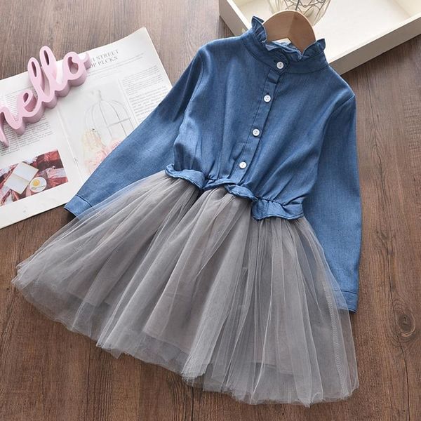 

girl's dresses 2021 summer baby clothes kids girl dress long sleeve denim splicing gauze tutu princess birthday for girls, Red;yellow