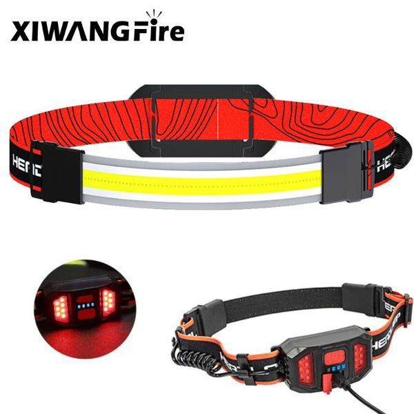 

cob running fishing headlight 12w usb charging 3 mode working light red warning ultra-thin camping headlamps