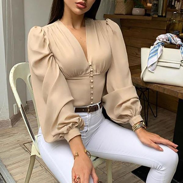 

women's blouses & shirts women deep v neck v-neck button long sleeve puff blouse ladies lantern elegant shirt blusas, White