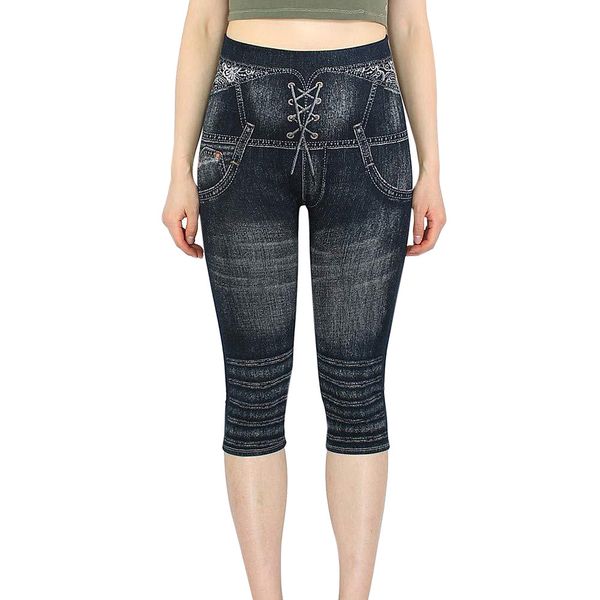 

leggings fashion imitation denim capris printed high waist women's pants, Black