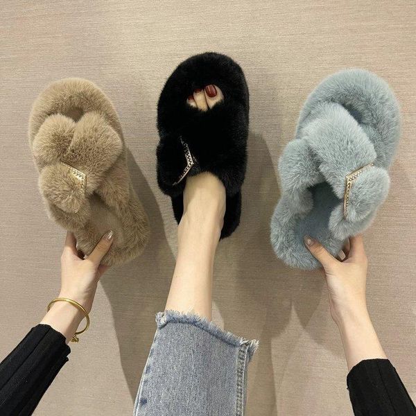 

slippers shoes flock woman's luxury slides platform big size fur flip flops low 2021 designer plush rome fashion rubber fabric b, Black
