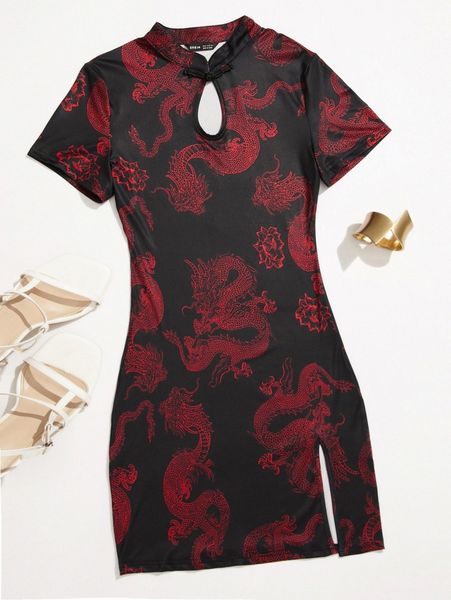 

chinese dragon print side split qipao dress e84q#, Black;gray