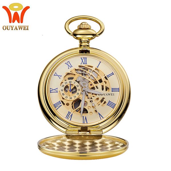 

ouyawei / ouyawei manual chain mechanical men's watch perspective bottom cover water pocket watch, Slivery;brown