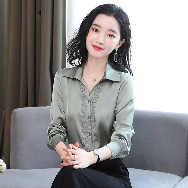 

korean silk shirt satin embroidery shirt woman long sleeve blouses lace blouse v neck plus size 210604, White