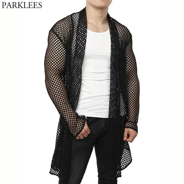 Fishnet dos homens ver através de Cardigan Camisetas Ruffle Gola de xaile Manga Comprida Alta Baixa Baixa Cape Cape Muscle Tops Camisetas Preto 210522