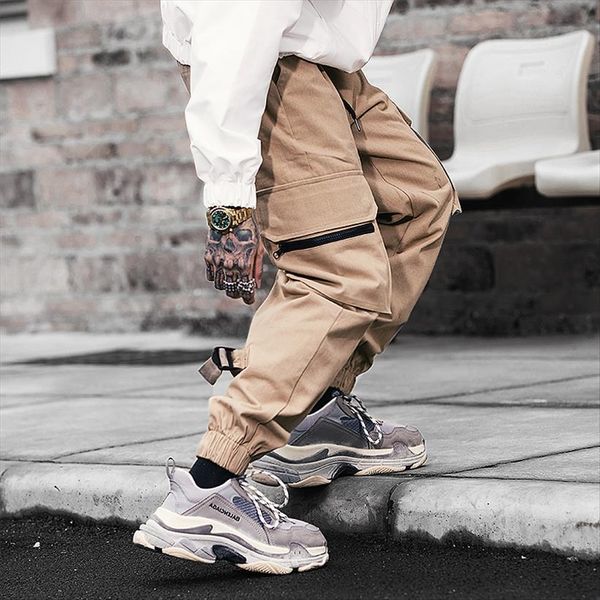

autumn winter joggers casual women pants cotton cargo solid streetwear hip hop multi pockets mens trousers, Black
