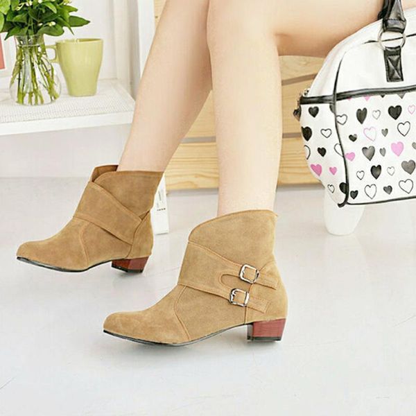 

boots buckle strap women casual round toe square heels solid shoes woman rome flock ankle for chaussures femme, Black