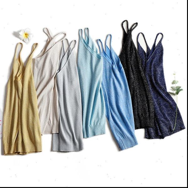 

aossviao shiny lurex womens tank v neck basic white sleeveless knitted summer camisole