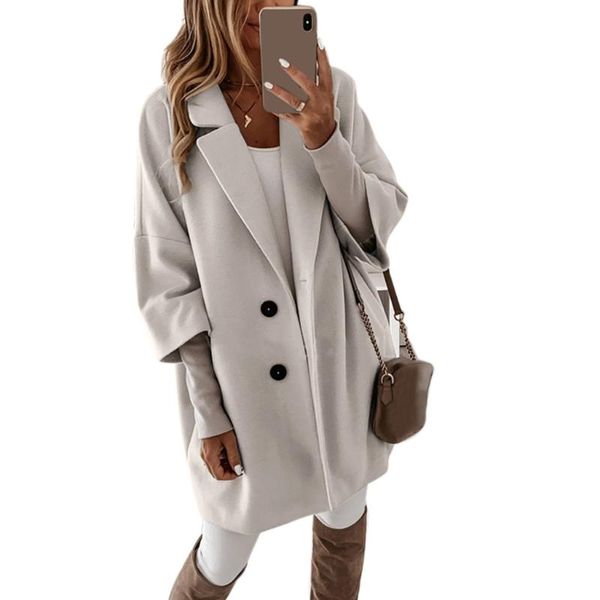 

women's jackets women autumn 3/4 sleeve solid color faux wool coat notched lapel buttons loose outerwear basic midi long jacket with po, Black;brown