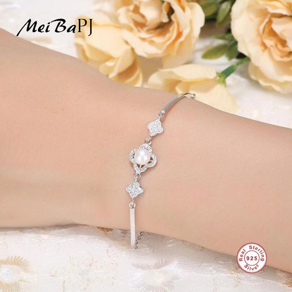 

[meibapj]natural freshwater pearl flower bracelet for women s925 sterling silver fashion jewelry charm beaded, strands, Black
