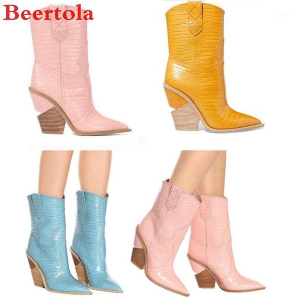 

boots women's wedges heels party shoes women chunky pointed toe chaussures femme runway winter autumn catwalk dress female1, Black