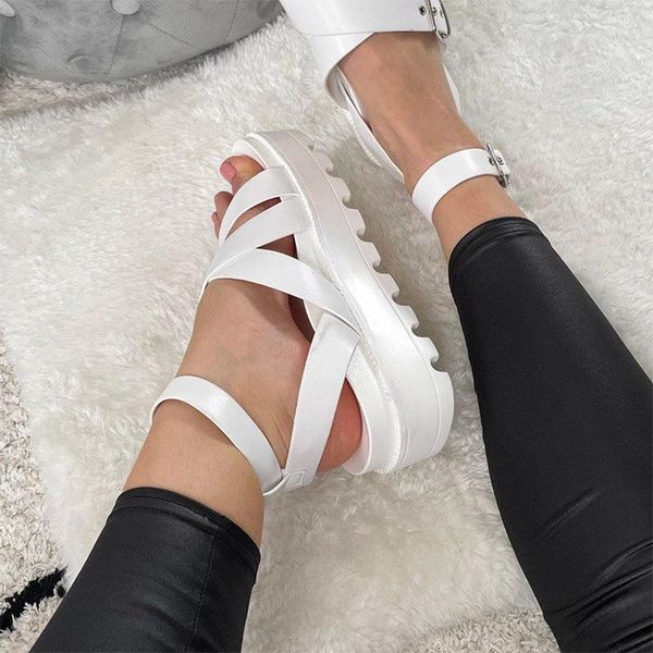 

sandals 2021 women buckle platform woman pu leather solid flat shoes female rome ladies summer beach casual plus size footwear, Black