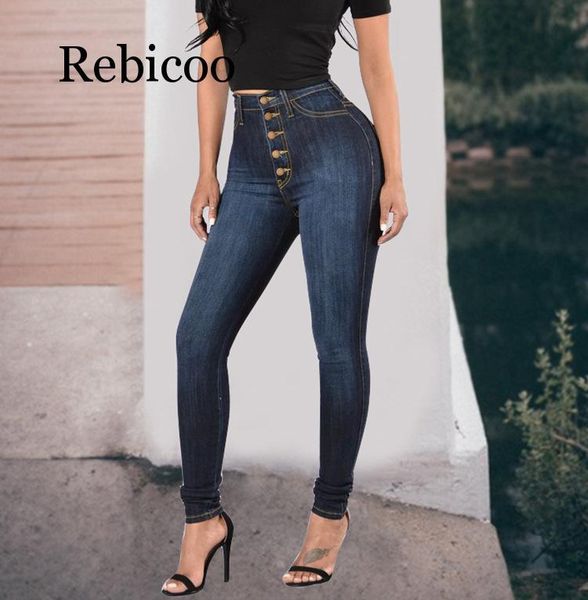 

winter thick high waist button jeans women's fashion push retro skinny street europe and america slim trous, Blue