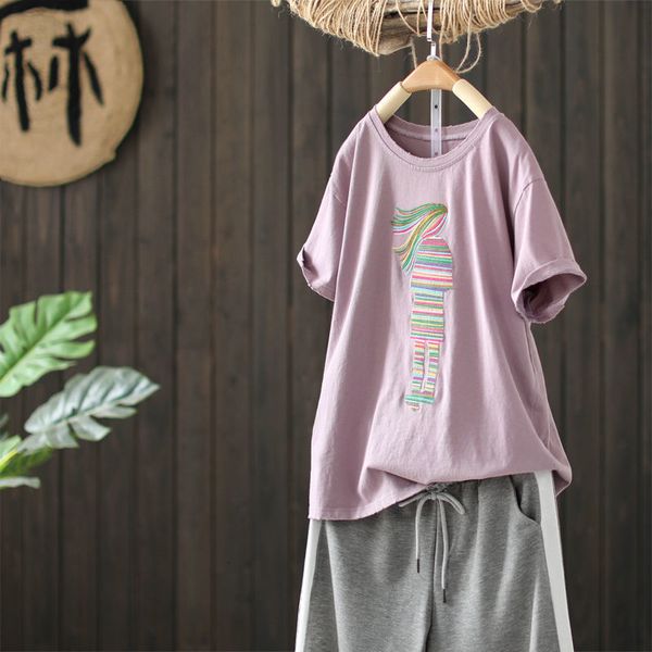

women's t-shirt 100% cotton embroidery t-shirt summer fashion women short sleeve loose casual tee shirt femme vintage plus si, White
