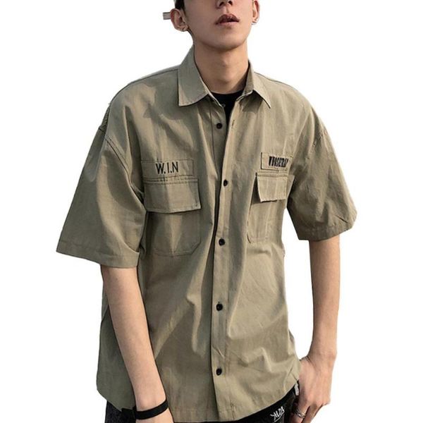 

men's casual shirts short sleeve tooling shirt turn-down collar summer men loose workwear, White;black