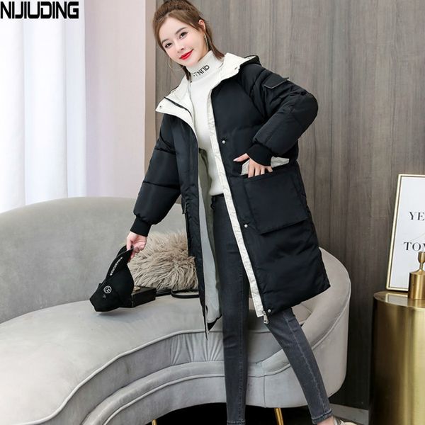 Abbigliamento invernale anti-stagione Piumino lungo con cappuccio Cappotto spesso sciolto Manica in cotone Tubo dritto Tipo 210514