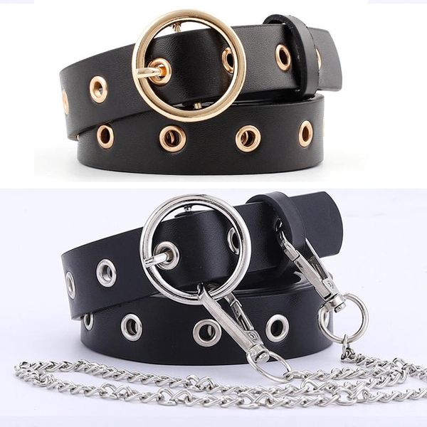 

women punk rock style waist belt with chain heavy metal alloy pin buckle jeans dress decorative designer belts 2021, Black;brown