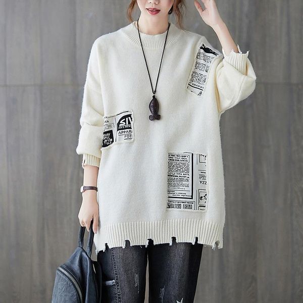 

sweater woman 2021 fashion letter print ripped patchwork women fall winter outerwear pullovers pull oversize 20577 women's sweaters, White;black