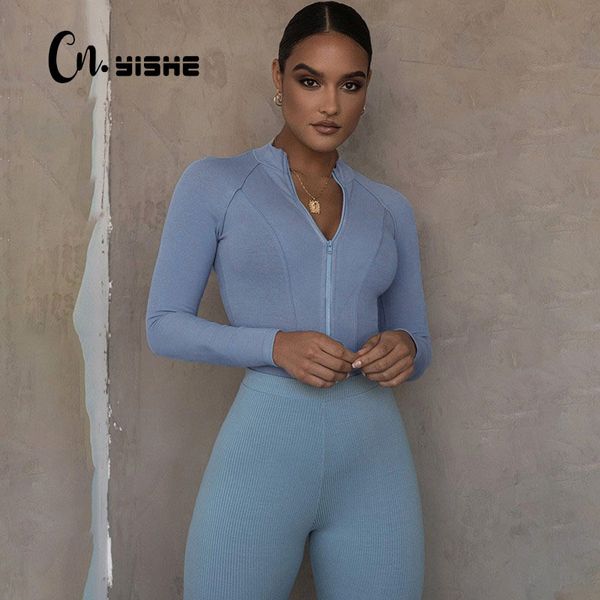 

cnyishe casual streetwear bodycon pure jumpsuits women bodysuits fitness zippers long sleeve rompers female overalls body 220309, Black;white