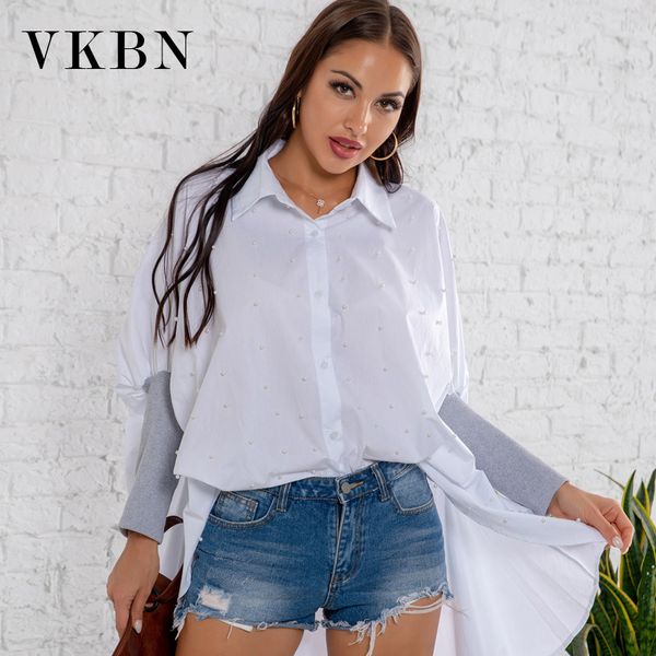 

vkbn s spring autumn cotton party blouse women beading long sleeves black and white loose irregular shirt female 210507