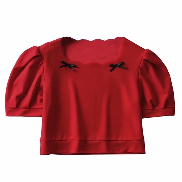 Сладкая леди лето короткий слойный рукав футболки для девочек мода поклон украшения красная женщина футболки Tops Mujer Camisetas 210520