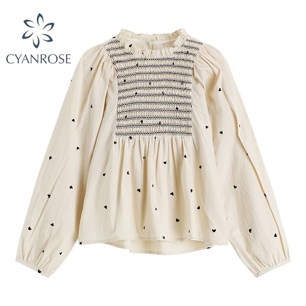 

dot print elastic blouses or woman retro sweet chic long sleeve shirts female ruffle spliced draped loose blusas 210515, White