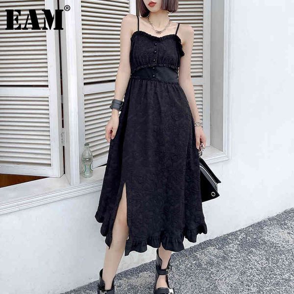 

[eam] women black hem slit ruffles long spaghetti strap dress sleeveless loose fit fashion spring summer 1dd7928 21512, Black;gray