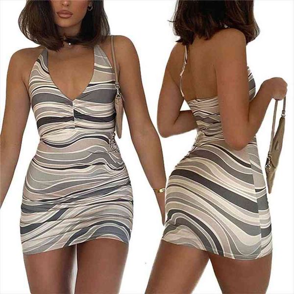 

fashion trend women halter ripple print dress stylish sleeveless backless summer casual holiday mini one piece dress, Black;gray