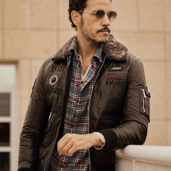 

men's leather & faux black wool fur collar embroidery patched bomber jacket