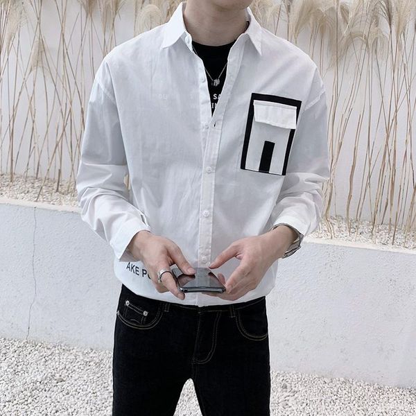 

japan style spring 2021 simple loose long sleeve shirts for men clothing fashion front pocket decor casual streetwear blouse men's, White;black