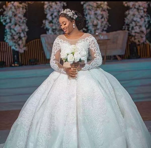 

2021 luxury african ball gown wedding dresses beaded jewel neck lace appliqued long sleeves modest bridal gowns custom made vestidos de novi, White