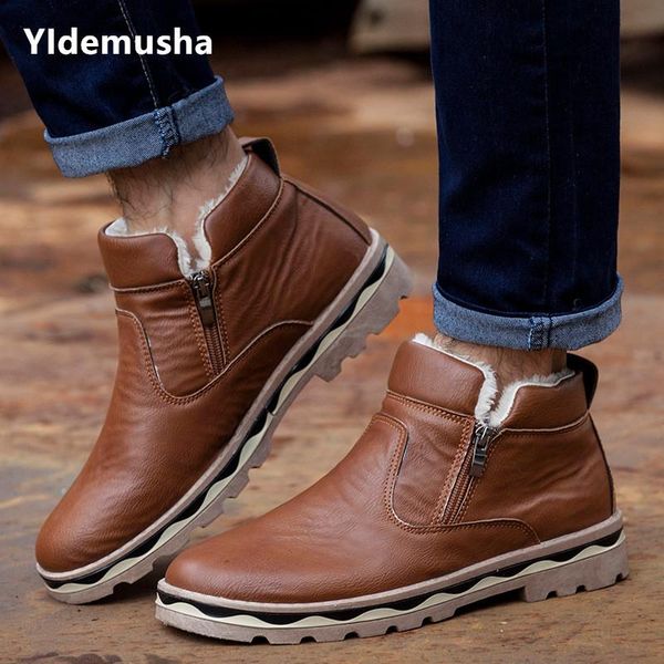 

boots 2021 men fur cotton ankle casual plush pu leather super warm snow fashion zipper flats shoes non-slip winter, Black