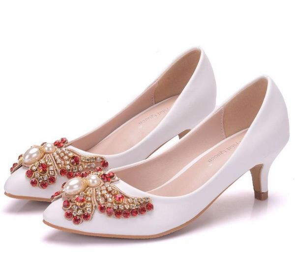 

dress shoes 2021 fashion women string bead rhinestone high heels 5cm pumps shallow vintage pearl wedding ol work, Black
