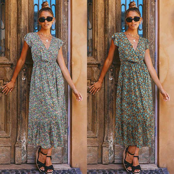 

2021 new women's dress v-neck short sleeve print high waist dress, Black;gray