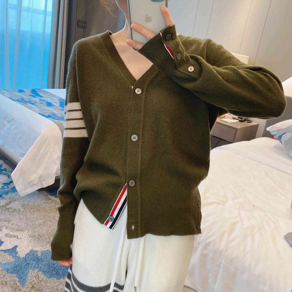 

new tb long sleeve sweater in autumn and winter of 21 four bar v-neck full wool cardigan fashion brand women's top, White;black