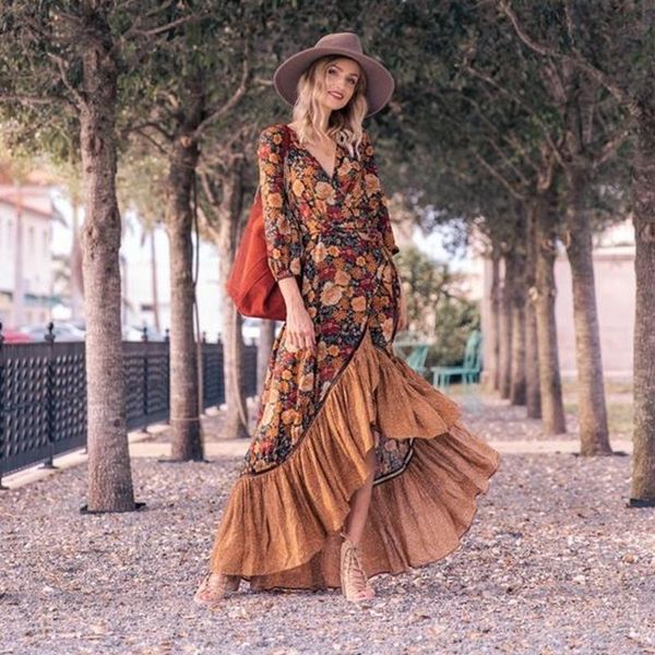 

casual dresses wepbel printed vintage dress autumn women long sleeve v-neck ruffle big swing floral printing fashion vestidos, Black;gray