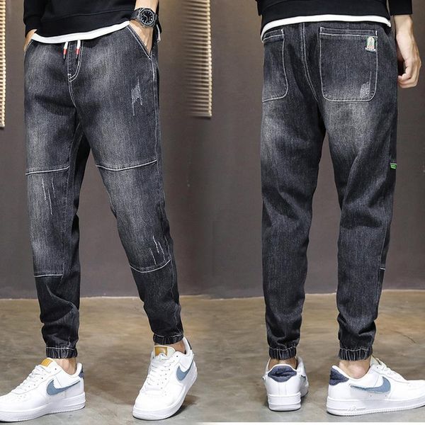 

men's jeans autumn and winter korean style trendy oblique pocket slim-fitting pants plus velvet stretch elastic waist casual, Blue