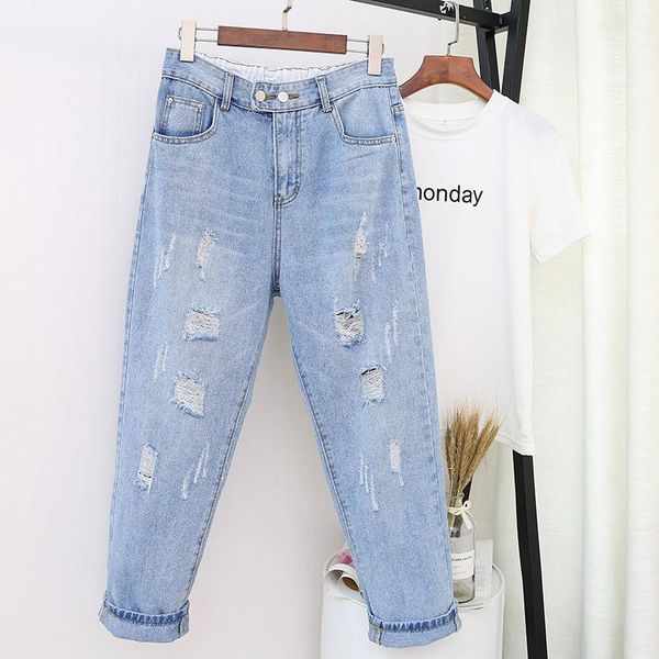 

plus size boyfriend jeans for women loose hole ripped harem denim pants high waisted vintage elastic waist trousers women's, Blue