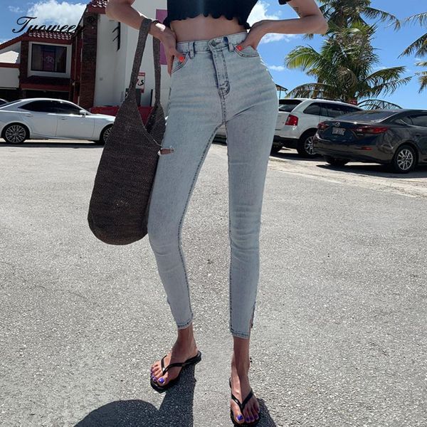 

female pencil jeans 2021 women trousers streetwear light blue high waist stretch skinny pants split cuff ripped hole women's