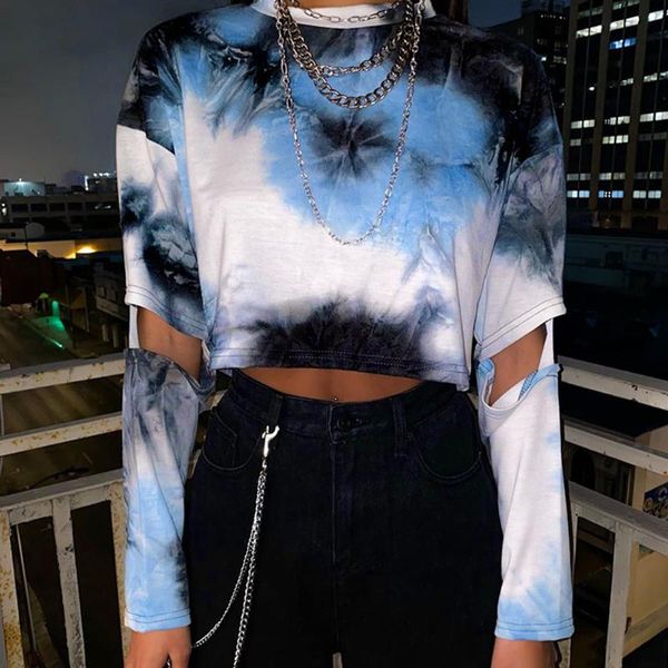 

vintage e girl ladies tie dye print shirts harajuku long sleeve hollow out aesthetic oversized pullovers cropped women's hoodies &, Black