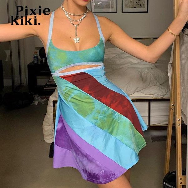 

pixiekiki y2k dress women clothing summer sundresses 2021 fashion print front cut out spaghetti strap mini p77-bf11 casual dresses, Black;gray