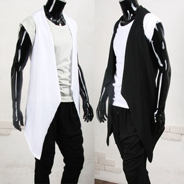 

men's vests men fashion punk rock hip hop long vest nightclub stage gilet costume korean style slim fit sleeveless jacket chalecos, Black;white