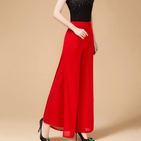 

women's pants & capris flare summer wide leg women plus size 26-34 celebrity party high waist loose lady chiffon trousers pantalon femm, Black;white