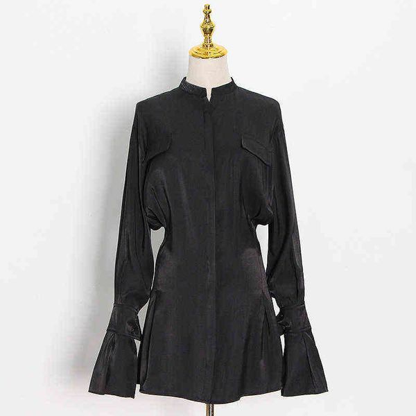 

luxury party evening dress wind 2021 spring black temperament long sleeve pocket waist short shirt 's fashion