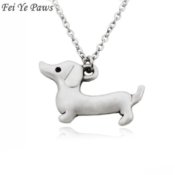 

fei ye paws stainless steel long chain happy dachshund sausage dog choker necklace pendant collar animal jewelry for women girl chains, Silver