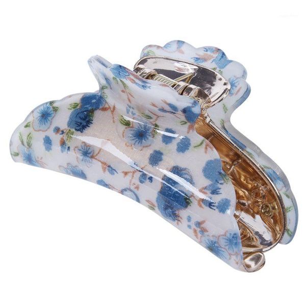 

woman dark blue florals pattern plastic hair claw clip clamp1